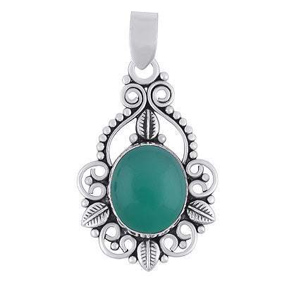 Beautiful Leaf Pattern & Rawa Work Around Green Onyx Oval Shape 925 Sterling Solid Silver Pendants - R102077-8
