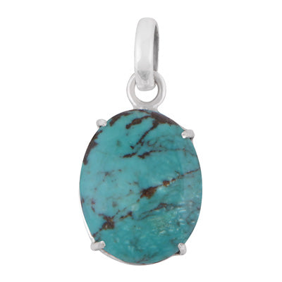 Stunning Prong Seated Gemstone Turquoise Oval Shape 925 Sterling Solid Silver Pendant - R102089-2
