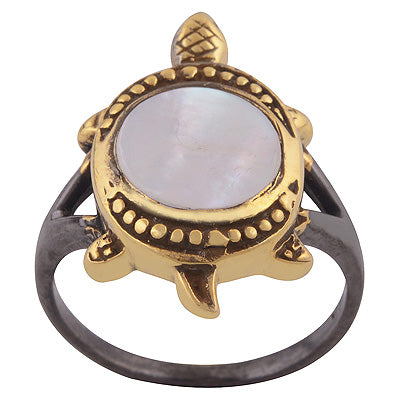 Gorgeous Tortoise Handcrafted on Mother of Pearl Round Shape 925 Sterling Solid Silver Ring - R1089-2