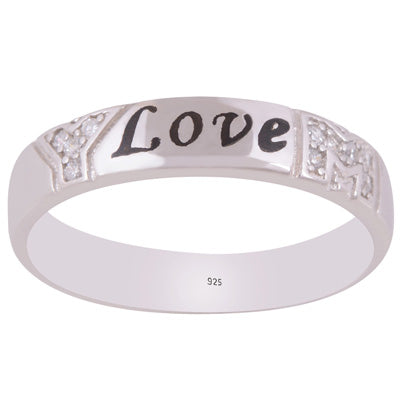 Gorgeous Love Engraved w/ Studded Diamonds Around White Cubic Zirconia Round Shape 925 Sterling Solid Silver Ring - R1100033-1