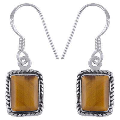 Alluring Twisted Wire Work Around Tiger's Eye Rectangle Shape 925 Sterling Solid Silver Earrings - R1500072-11