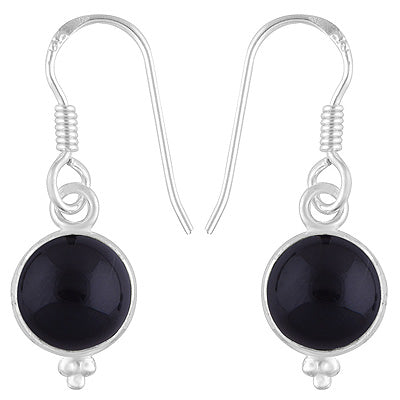 Gorgeous Rawa Work at Bottom Bezel Black Onyx Round Shape 925 Sterling Solid Silver Dangle Earrings - R1500360-122