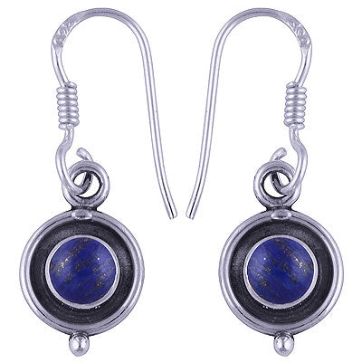 Alluring Oxidised Rawa Work Around Lapis Round Shape 925 Sterling Solid Silver Dangle Earrings - R1500462-69