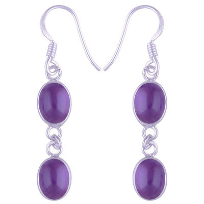 Stunning Two Stone Bezel Amethyst Oval Shape 925 Sterling Solid Silver Dangle Earrings - R1500562-1