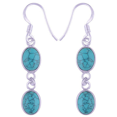 Stunning Two Stone Bezel Turquoise Oval Shape 925 Sterling Solid Silver Dangle Earrings - R1500562-11