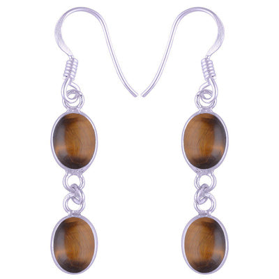 Stunning Two Stone Bezel Tiger's Eye Oval Shape 925 Sterling Solid Silver Dangle Earrings - R1500562-25