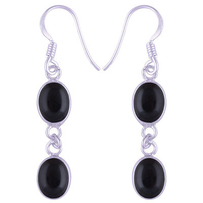 Stunning Two Stone Bezel Black Onyx Oval Shape 925 Sterling Solid Silver Dangle Earrings - R1500562-29