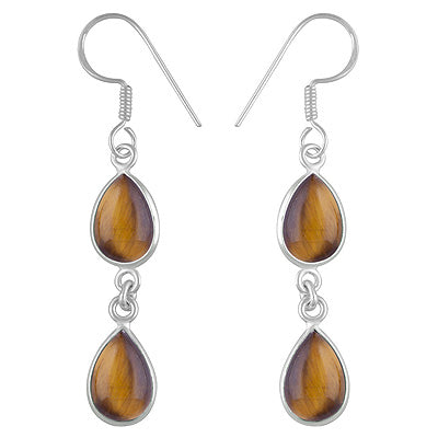 Beautiful Two Stone Bezel Tiger's Eye Pear Shape 925 Sterling Solid Silver Dangle Earrings - R1500726-242