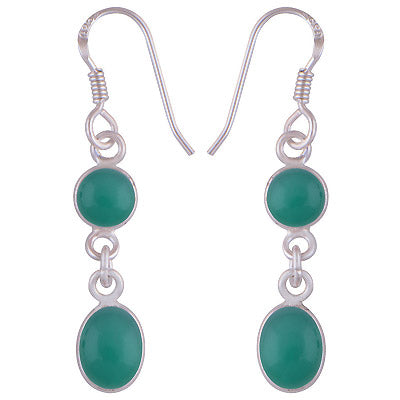 Dangling Bezel Green Onyx Round/Oval 925 Sterling Solid Silver Two Stone Earrings - R1500727-416