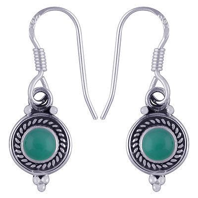 Beautiful Textured Wire Around Green Onyx Round Shape 925 Sterling Solid Silver Dangle Earrings - R1500743-204