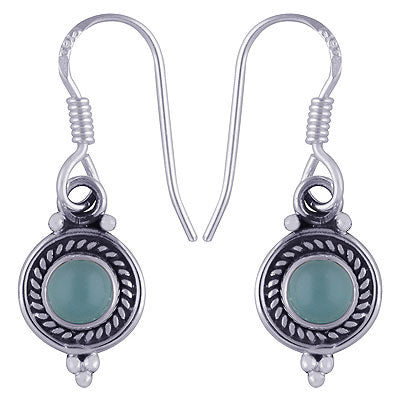 Beautiful Textured Wire Around Aqua Chalcedony Round Shape 925 Sterling Solid Silver Dangle Earrings - R1500743-207