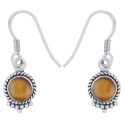 Stunning Textured Wire & Rawa Work Around Tiger's Eye Round Shape 925 Sterling Solid Silver Dangle Earrings - R1500744-12