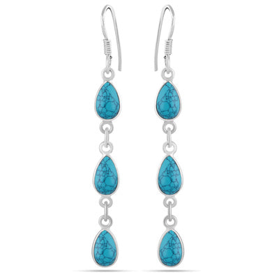 Dangling Bezel Turquoise Pear Shape 925 Sterling Solid Silver Dangle Earrings - R1500746-196