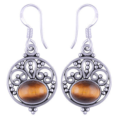 Stunning Rawa And Wire Work Around Tiger's Eye Oval Shape 925 Sterling Solid Silver Earrings - R1501109-22