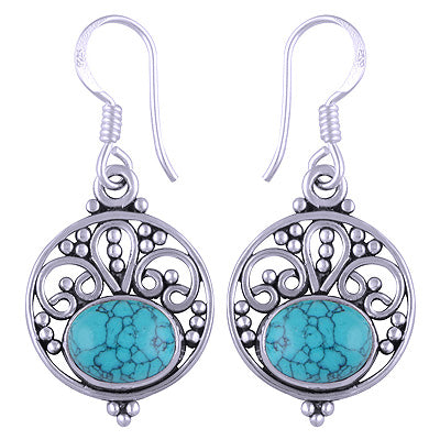 Stunning Rawa And Wire Work Around Turquoise Oval Shape 925 Sterling Solid Silver Earrings - R1501109-6