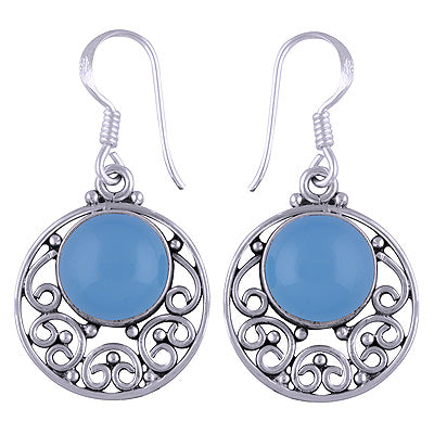 Stunning Rawa & Wire Work Around Blue Chalcedony Round Shape 925 Sterling Solid Silver Dangle Earrings - R1501111-29