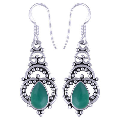 Beautiful Handcrafted Rawa Work Around Green Onyx Pear Shape 925 Sterling Solid Silver Dangle Earrings - R1501114-169