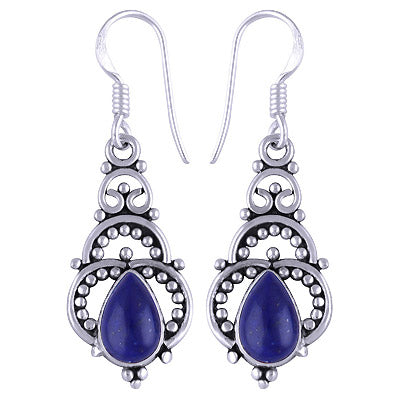 Beautiful Handcrafted Rawa Work Around Lapis Pear Shape 925 Sterling Solid Silver Dangle Earrings - R1501114-48