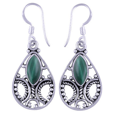 Stunning Handcrafted Rawa Work Around Malachite Marquise Shape 925 Sterling Solid Silver Dangle Earrings - R1501115-49