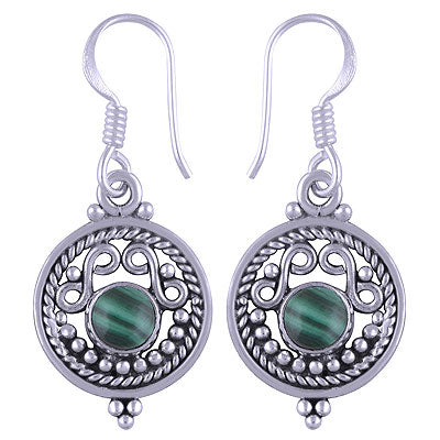 Gorgeous Twisted Wire And Rawa Work Around Malachite Round Shape 925 Sterling Solid Silver Dangle Earrings - R1501117-18
