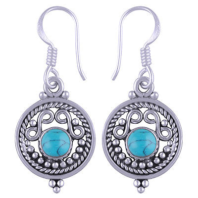 Gorgeous Twisted Wire And Rawa Work Around Turquoise Round Shape 925 Sterling Solid Silver Dangle Earrings - R1501117-8