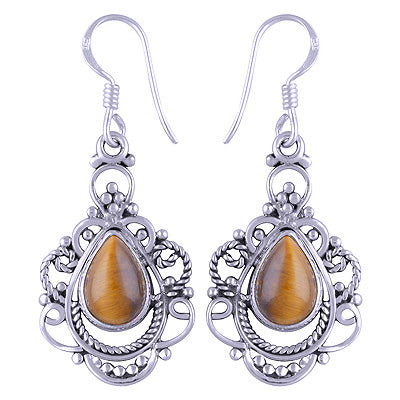 Stunning Handwork Around Tiger's Eye Pear Shape 925 Sterling Solid Silver Earrings - R1501118-18
