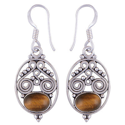 Gorgeous Rawa & Wire Work Around Tiger's Eye Oval Shape 925 Sterling Solid Silver Earrings - R1501121-21