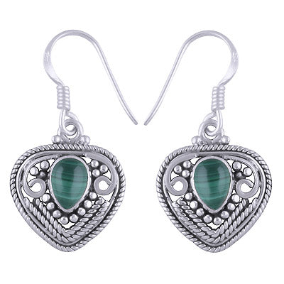 Intricate Handwork Around Malachite Pear Shape 925 Sterling Solid Silver Dangle Earrings - R1501173-22