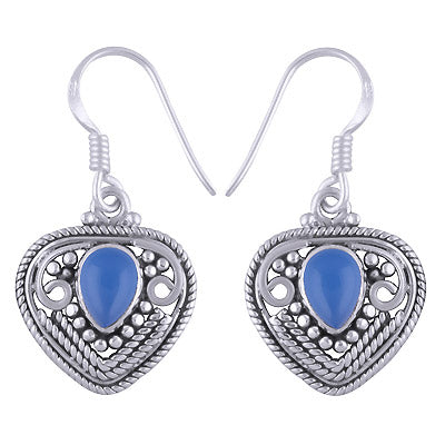 Intricate Handwork Around Blue Chalcedony Pear Shape 925 Sterling Solid Silver Dangle Earrings - R1501173-28