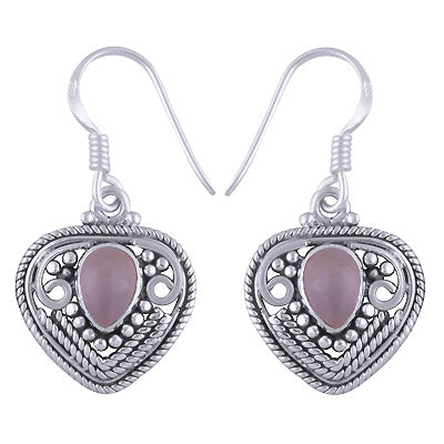 Intricate Handwork Around Rose Quartz Pear Shape 925 Sterling Solid Silver Dangle Earrings - R1501173-80