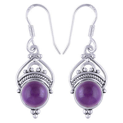 Beautifully Handcrafted Wire And Rawa Work Around Amethyst Round Shape 925 Sterling Solid Silver Dangle Earrings - R1501262-1