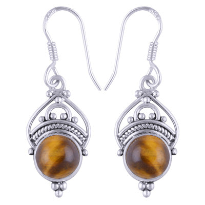 Beautifully Handcrafted Wire And Rawa Work Around Tiger's Eye Round Shape 925 Sterling Solid Silver Dangle Earrings - R1501262-19