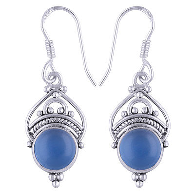 Beautifully Handcrafted Wire And Rawa Work Around Blue Chalcedony Round Shape 925 Sterling Solid Silver Dangle Earrings - R1501262-32