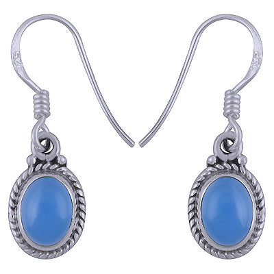 Alluring Textured & Rawa Work Around Blue Chalcedony Oval Shape 925 Sterling Solid Silver Dangle Earrings - R1501344-69