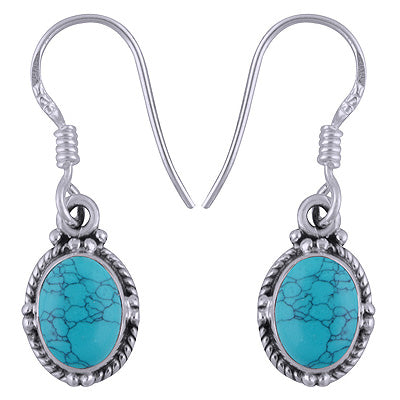 Stunning Rawa Work Turquoise Oval Shape 925 Sterling Solid Silver Dangle Earrings - R1501345-7