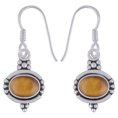 Handmade Rawa Work Tiger's Eye Oval Shape 925 Sterling Solid Silver Dangle Earrings - R1501348-23