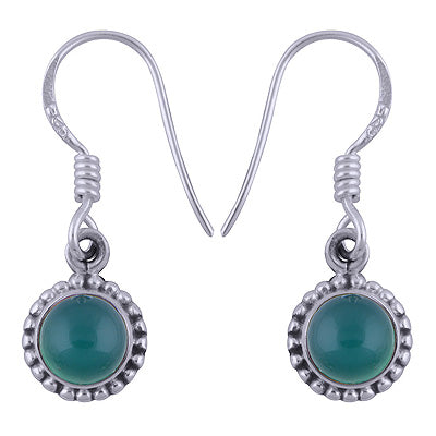 Rawa Work Around Green Onyx Round Shape 925 Sterling Solid Silver Dangle Earrings - R1501381-15
