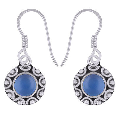 Classic Hand Work Blue Chalcedony Round Shape 925 Sterling Solid Silver Dangle Earrings - R1501384-80