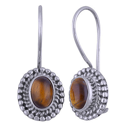 Stunning Handcrafted Rawa Work Around Tiger's Eye Oval Shape 925 Sterling Solid Silver Dangle Earrings - R1501400-20