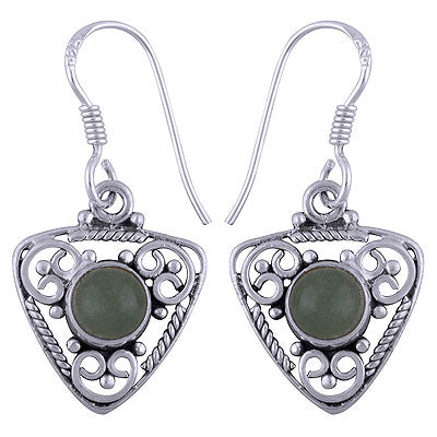 Alluring Wire & Rawa Work Pattern Around Green Aventurine Round Shape 925 Sterling Solid Silver Dangle Earrings - R1501403-29