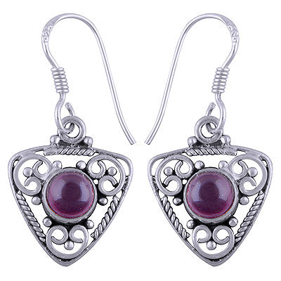 Alluring Wire & Rawa Work Pattern Around Garnet Round Shape 925 Sterling Solid Silver Dangle Earrings - R1501403-5