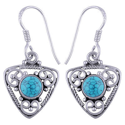Alluring Wire & Rawa Work Pattern Around Turquoise Round Shape 925 Sterling Solid Silver Dangle Earrings - R1501403-9