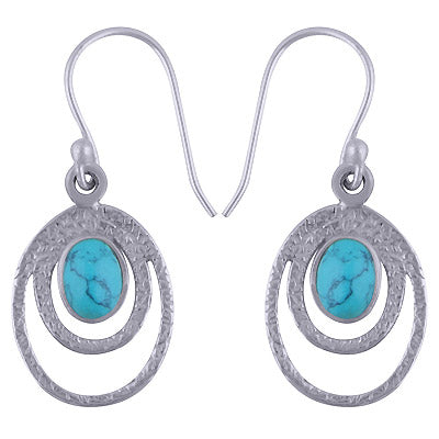 Beautiful Hammer Textured work on Turquoise Oval Shape 925 Sterling Solid Silver Earrings - R1501425-5