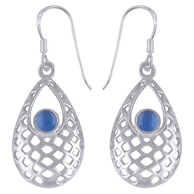 Gorgeous Jali Pattern Around Blue Chalcedony Round Shape 925 Sterling Solid Silver Dangle Earrings - R1501432-59