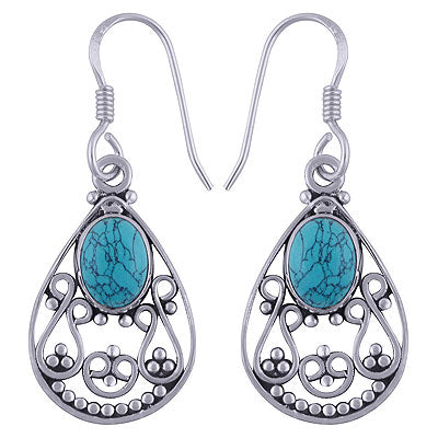 Stunning Rawa And Wire Work Around Turquoise Oval Shape 925 Sterling Solid Silver Dangle Earrings - R1501494-28