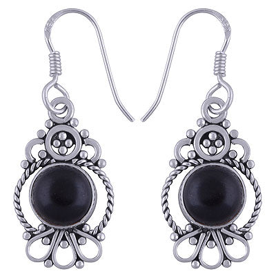 Beautiful Twisted Wire And Rawa Work Around Black Onyx Round Shape 925 Sterling Solid Silver Dangle Earrings - R1501498-25