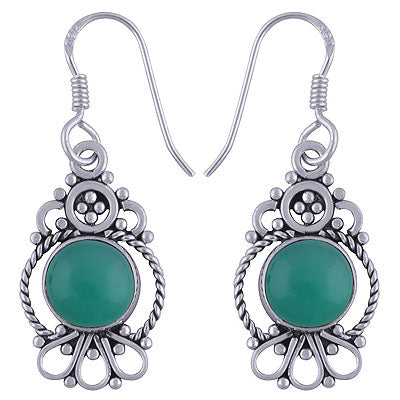 Beautiful Twisted Wire And Rawa Work Around Green Onyx Round Shape 925 Sterling Solid Silver Dangle Earrings - R1501498-27