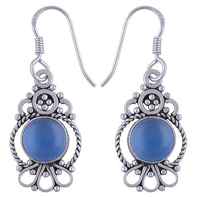 Beautiful Twisted Wire And Rawa Work Around Blue Chalcedony Round Shape 925 Sterling Solid Silver Dangle Earrings - R1501498-28