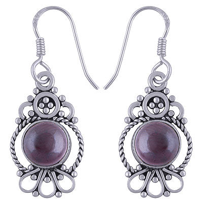 Beautiful Twisted Wire And Rawa Work Around Garnet Round Shape 925 Sterling Solid Silver Dangle Earrings - R1501498-4
