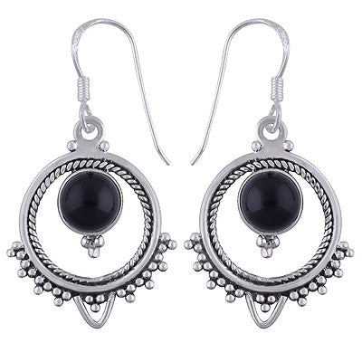 Gorgeous Rawa And Twisted Wire Work Around Black Onyx Round Shape 925 Sterling Solid Silver Dangle Earrings - R1501577-112